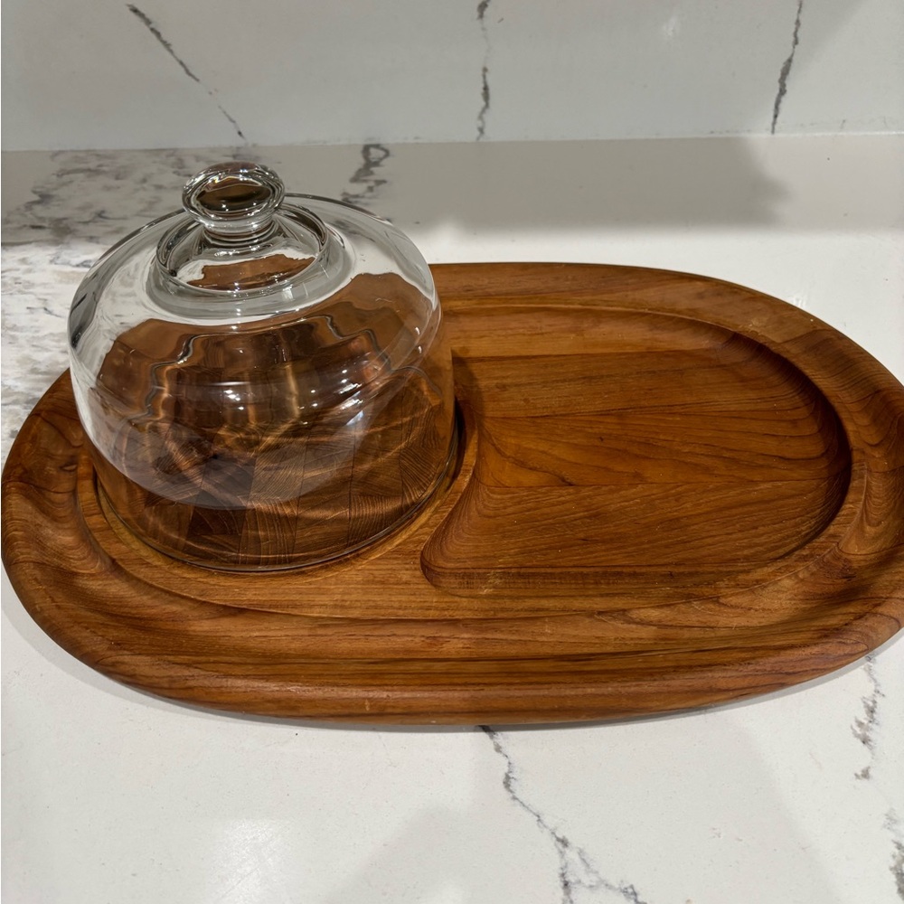Dansk teak Wooden Cheese Board with Glass Dome